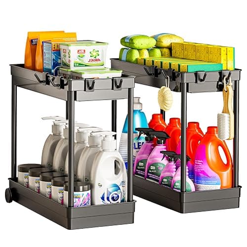 Cicilyna 2 Pack Under Sink Organizer, 2 Tier Bathroom Cabinet Organizers and Storage with Hook, Multi-purpose Storage Basket Shelf for Kitchen, Black - Image 1