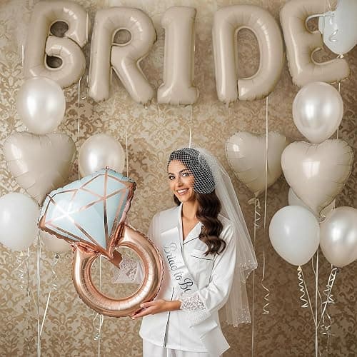 Cream White Bridal Shower party decorations with huge 40 Inch BRIDE letter Pearl Balloons BRIDE to be Sash Bridal Veil and Diamond Ring Heart shape Balloons For Bachelorette party Wedding supplies thumbnail 3