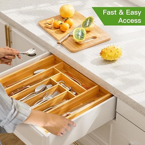 Pipishell Bamboo Expandable Drawer Organizer for Utensils Holder, Adjustable Cutlery Tray, Wood Drawer Dividers Organizer for Silverware, Flatware, Knives in Kitchen, Bedroom, Living Room(M-N) thumbnail 7