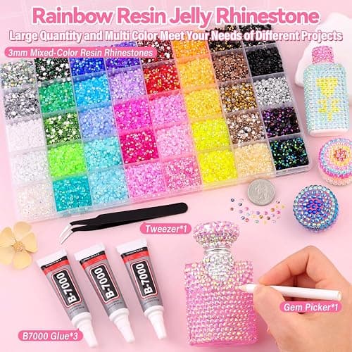 50000Pcs Jelly Rhinestones for Bedazzling Kit, Multi-Color 3mm Resin Flatback Gems with 3Pcs 10ml B7000 Jewelry Glue, Bedazzled Crystal for DIY Crafts Clothing Nail Art Makeup thumbnail 2