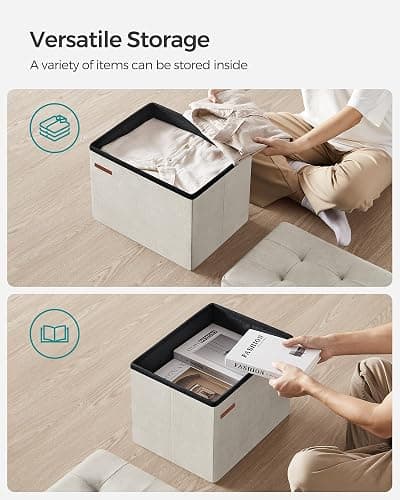 Storage Ottoman, Foldable Small Ottoman Foot Rest, 12.2 x 16.1 Inches Foot Stool, OAD up to 286 lb, for Living Room, Bedroom, Dorm, Cream White ULSF200W01 thumbnail 5