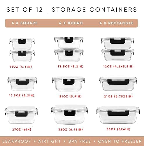JoyJolt 24pc Borosilicate Glass Storage Containers with Lids | 12 Airtight/Freezer Safe Food Storage Containers for Pantry and Kitchen | Meal Prep Container for Lunch | Glass Tupperware Set thumbnail 9