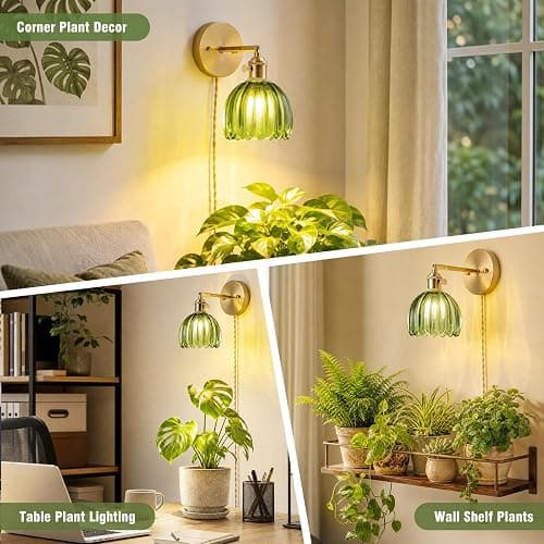LINSEEDS Wall Mounted Grow Lights for Indoor Plants with Vintage Tulip Glass Shade, Switch and Power Cord, Decorative Hanging Plants Light for Growing thumbnail 2