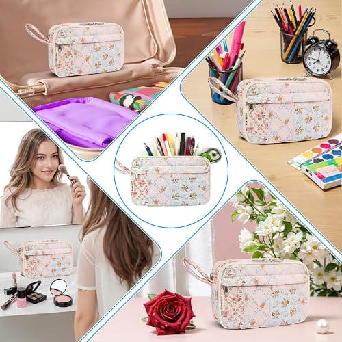 WOBAGMEN Quilted Pencil Pouch for Girls Women, Large Pencil Case Pouch with Compartments Cute Aesthetic Pencil Case Organizer, Floral Pencil Bag for School Supplies (coloful blue) thumbnail 7