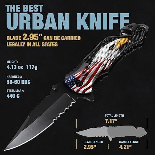 Legal Pocket Knife with 2.95” Serrated Blade, Glass Breaker, Seat Belt Cutter - EDC Sharp Folding Knives with Portable Clip - Small Tool for Tactical Camping Survival Hiking - Gifts for Men, Women thumbnail 3