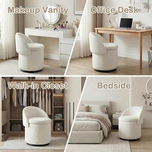 LukeAlon Sherpa Makeup Ottoman with Storage, Upholstered 360° Swivel Vanity Stool with Foldable Backrest Modern Cylindrical Footrest Stool for Living Room Bedroom, White thumbnail 6