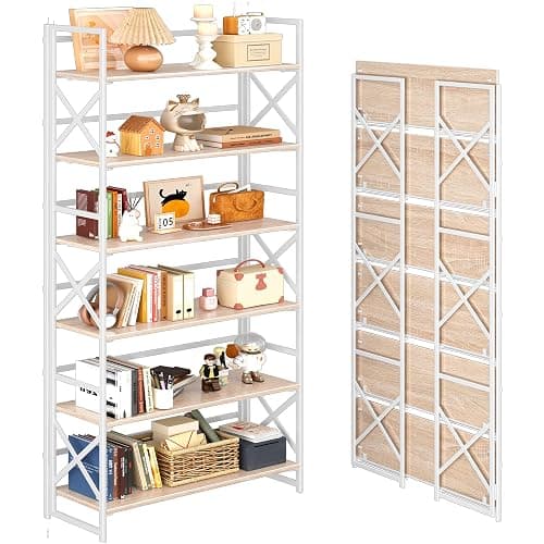 4NM Extra Wide 6 Tiers No Assembly Book Shelves, 61.8" H Folding Bookshelf Bookcase Open Industrial Foldable Shelves for Bedroom, Living Room, Home Office - Natural White - Image 1