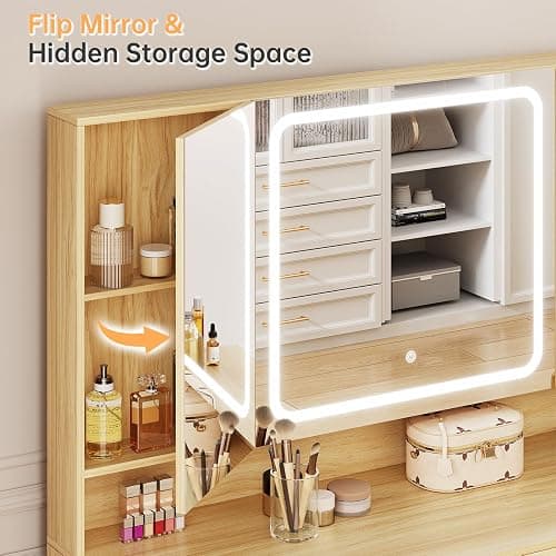 Vanity Desk with Mirror and Lights, Tri-Folding Mirror Makeup Vanity with 7 Drawers, Large Vanity Table Set with 3 LED Light Modes and Cushioned Stool, Power Outlet, Perfect for Bedroom, Oak thumbnail 5