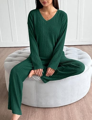 Ekouaer Lounge Sets for Women Long Sleeve Knit Ribbed Pajama Sets 2 Piece Casual Loungewear with Pockets thumbnail 5