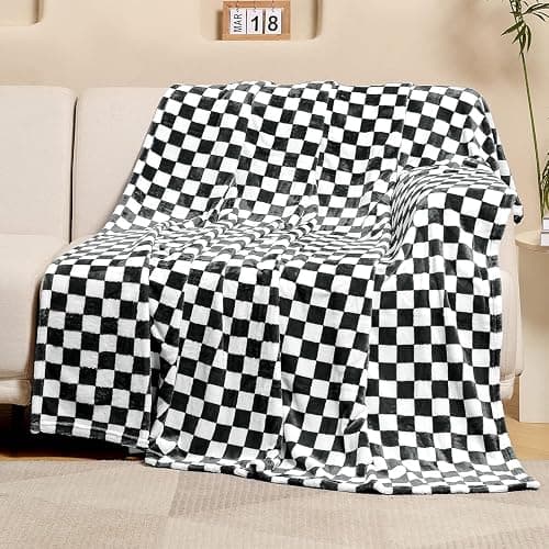 FY FIBER HOUSE Karrierter Flanell-Fleece-Decke Weich und Gemütlich Karo-Gitterdruck Schachbrettmuster Gingham-Muster Decke für Bett, Couch, Sofa, 60"x80" (152 x 203 cm), Schwarz thumbnail 2