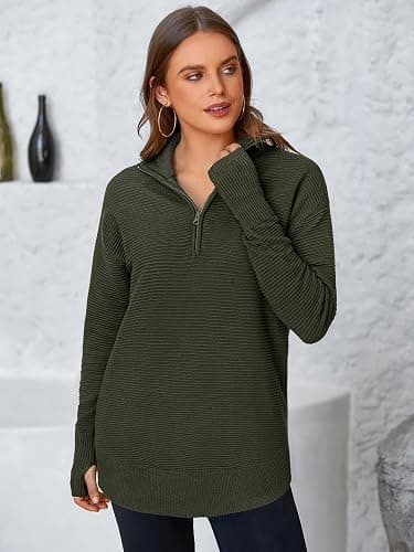 PRETTYGARDEN Womens Long Sleeve Quarter Zip Pullover Sweater Casual Loose V Neck Collared Ribbed Knit Jumper Tops Thumb Hole thumbnail 2