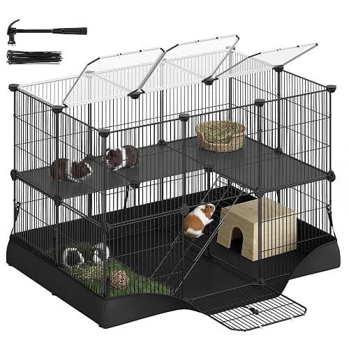 SONGMICS 2-Tier Guinea Pig Cage, Rabbit Cage, Small Animal Playpen with Waterproof Mat, Top and Side Door, 35 Panels, 36.6 x 24.8 x 24.2 Inches, Ink Black ULPI016BH01 - Image 1