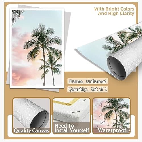 Modern Summer Beach Wall Decor Trendy Pink Blue Aesthetic Pastel Palm Tree Sunset Poster Canvas Print Nature Serene Tropical Sky Wall Art for Living Room Bedroom Office 12x16inch Unframed thumbnail 7