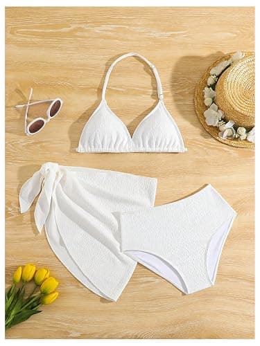 SHENHE Girl's 3 Pieces Halter Triangle Bikini Sets Spaghetti Strap Swimsuit Smocked Bathing Suit with Beach Skirt - 10 Years - White thumbnail 5