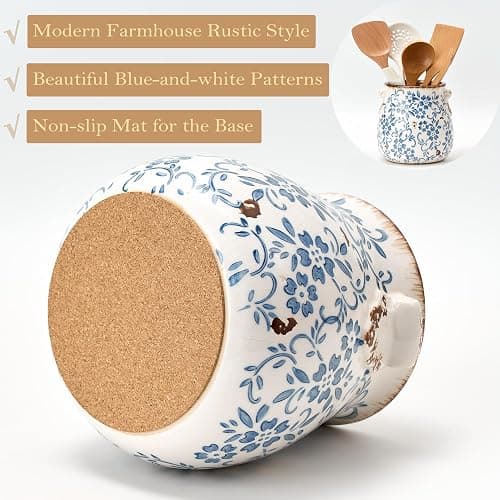 Utensil Holder for Kitchen Counter, Modern Farmhouse Rustic Cooking Utensil Holder and Crock, Exquisite Chinoiserie Floral Ceramic Utensil Organizer for Home Kitchen Decor- Blue and White Porcelain thumbnail 4