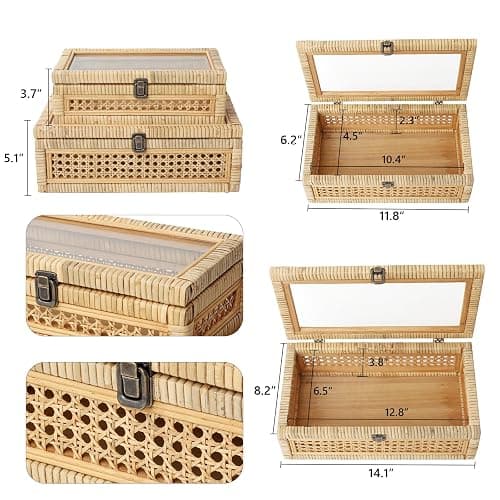 DECOR4SEASON Rattan and Cane Stacking Boxes with Glass Top Lid - Set of 2 for Boho, and Rustic Farmhouse Decor thumbnail 2
