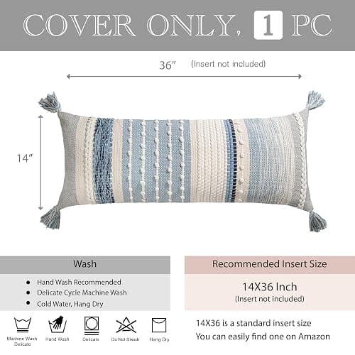 BlissBlush Coastal Blue Decorative Lumbar Pillow Cover 14x36 Boho Long Body Pillow for Bed Farmhouse Lumbar Throw Pillow for Couch Modern Accent Textured Throw Pillowcase thumbnail 3