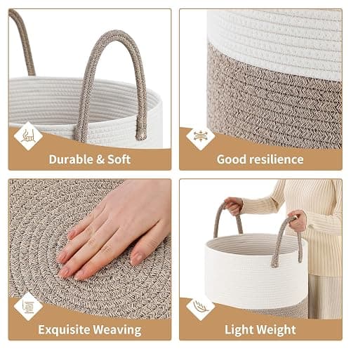Laundry Basket Hamper Tall Rope Storage Woven for Blanket Toys Dirty Clothes in Living Room Bathroom Bedroom White & Brown 60L/15.8Gal thumbnail 5