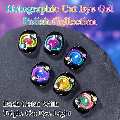 Double Rhythm Cat Eye Gel Nail Polish Set of 6 Same Color Same Bottle 0.5 Oz Shimmer Glitter with Magnet Holographic Reflective Magnetic UV Nail Polish Kit at Home (Holographic Rainbow-T6-88) thumbnail 3