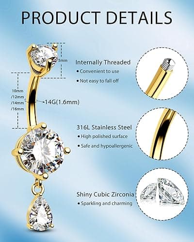 CM Crareesi Mania Belly Button Ring Dangle Belly Rings 316L Surgical Steel Belly Button Piercing Jewelry Teardrop Navel Ring for Women - Gold-CLCZ-12mm thumbnail 2
