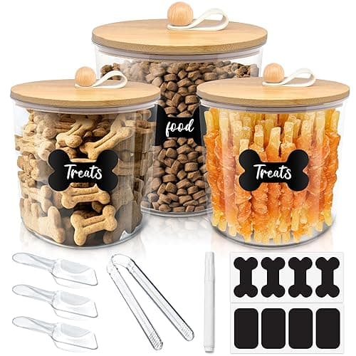 HOYTAMDAR 3 Pack Dog Treat Container Airtight, Dog Food Storage Container Dog Treat Jar with Bamboo Lids 8x7''&6x5'',Cookie Jar - Treat Canister for Treat Storage with Scoops,Clamp,Labels,Pen - WOOD 3PCS