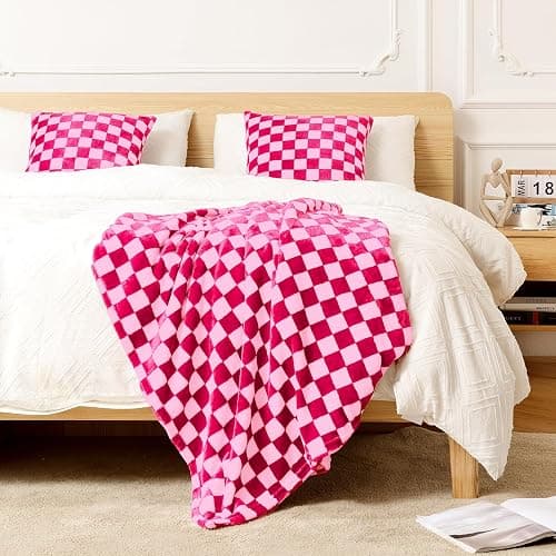 FY FIBER HOUSE Checkered Flannel Fleece Throw Blanket Soft Cozy Checkerboard Grid Print Chessboard Gingham Pattern Blankets for Bed Couch Sofa, 50"x60", Hot Pink - Hot Pink - 50"X60" thumbnail 3