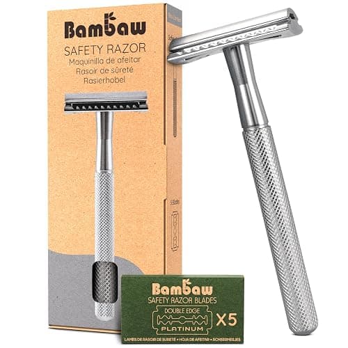 Bambaw Double Edge Safety Razor for Men & Women, Metal Razor with 5 Double Edge Safety Razor Blades, Eco-Friendly Razor – Silver - Image 1