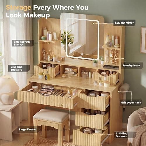 Vanity Desk with Mirror and Lights, Makeup Vanity Table with Large 6 Drawers Modern Fluted Wooden Dressing Table with Jewelry Hook 3 Color Modes Adjustable LED Mirror for Women Girls Bedroom or Dorm thumbnail 4