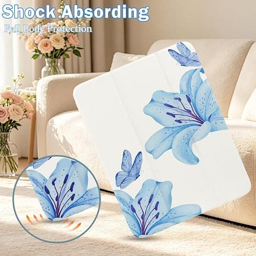 Lovmooful for iPad Air 2/5/4 11"/10.9" Case Cute Flower Floral-Blue Lily | for iPad Air 4/5 10.9" / Air 6 M2 11",TPU Pencil Holder,Trifold Stand Protective,for Girls Women Girly thumbnail 2
