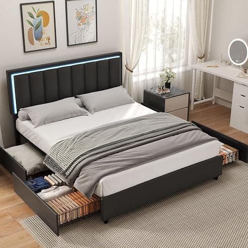 IMMERSTABLE Full Size Bed Frame with Headboard and 4 Storage Drawers, Faux Leather Upholstered Platform Bed with LED Lights, Metal and Wood Slats, No Box Spring Needed, Easy Assembly, Black thumbnail 8