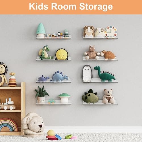 upsimples 8 Pack Acrylic Shelves Wall Organizer and Storage, 15" Display Shelf for Figure, Toy Cars, Perfume, Kids Bookshelf for Bedroom, Nursery, Craft Room, Clear thumbnail 5