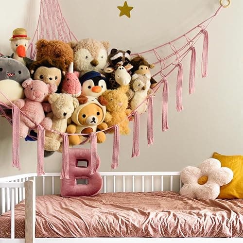 mirolam Stuffed Animal Storage Hammock Net - Toy Hammock Net for Stuffed Animals Corner - Hanging Stuff Animal Organizer Holder Large Pink Baby Nursery Room Decor thumbnail 2
