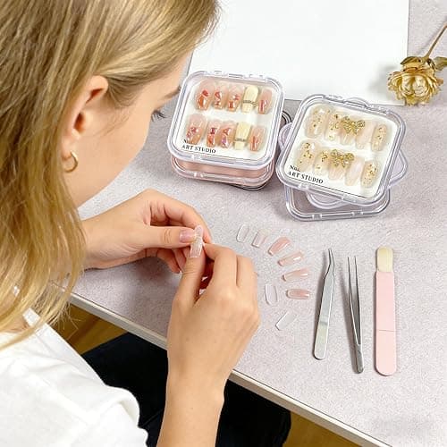 MZSX 20 Stück Nagelaufbewahrungsboxen zum Aufdrücken (7,5 × 7,5 cm), 90 Stück verbessertes doppelseitiges Klebeband, klare Nagelspitzen-Display-Aufbewahrungsbox-Set, transparentes Kunstnageldisplay thumbnail 2
