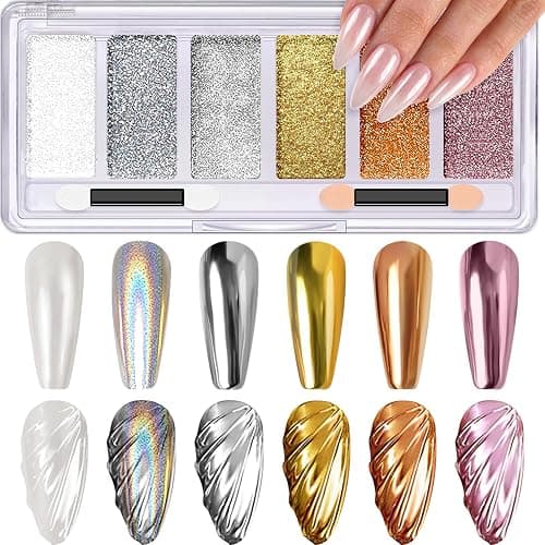DRMODE Chrome Nail Powder, 6 Colors Gold Silver White Pearl Holo Rose Gold | Mirror Effect Iridescent Holographic Pink Brown Chrome Powder Palette, Pigment Glitter Dust for Manicure Nails Art Decoration - Image 1