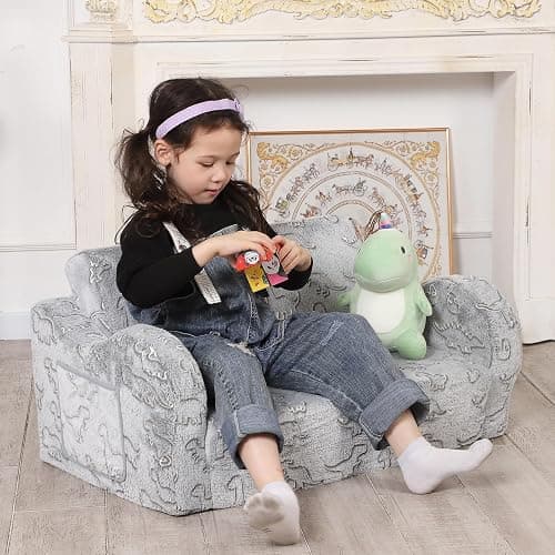 MOMCAYWEX Kids Sofa, 2-in-1 Flip-Out Foam Couch with Soft Sherpa Cover, Cozy Play Lounge Chair, Extra Wide, Glow in The Dark Grey thumbnail 2
