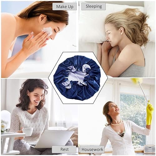 Beutyme Silk Bonnet for Sleeping Satin Bonnets Double Layer Reversible Hair Cap Bonnet for Women Long Curly Braid Hair (Navy) thumbnail 5