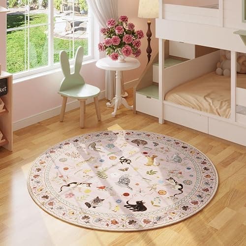 Rugcomf Round Rug 4ft Washable Circle Rug Non Slip Low Pile Boho Floral Animal Cat Small Circular Rug for Bedroom Bathroom Entryway Kids Room Office College Dorm, Pink thumbnail 2
