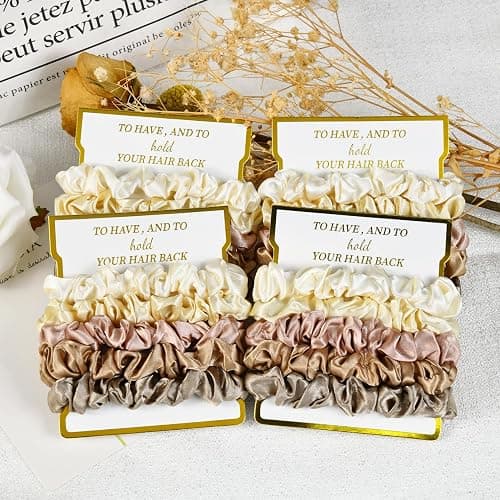 8 Pack Satin Scrunchies - Soft Hair Ties and Bachelorette Party Favors, Hair Accessories for Women's Bridesmaid Proposal (Ivory, Light Gold, Gold, Dusty Pink, Metal Grey) thumbnail 4