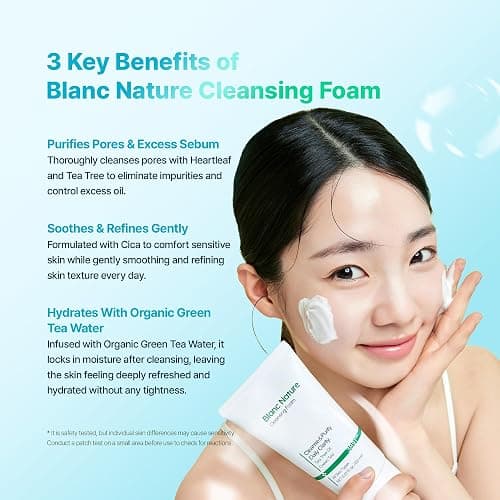 BLANC NATURE Cleansing Foam, Tea Tree Pore Deep Facial Cleanser for Oily & Sensitive Skin, Centella Asiatica, Green Tea, Korean Skincare, 5.07 fl oz (150 ml) thumbnail 3