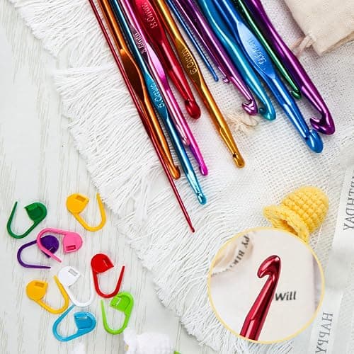 OWill Set 24 pezzi Di Uncinetti, con custodia, in Alluminio, 14 Pezzi Ergonomici con 10 pennarelli,2-10mm Extra Lunghe Knit Needles per principianti adulti thumbnail 5