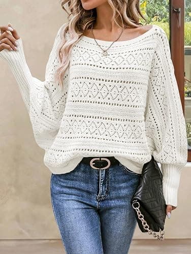 Cakulo Womens Off Shoulder Sweater Top Fall Outfits Fashion 2025 Oversized Knit Batwing Long Sleeve Crochet Pullover Sweaters thumbnail 5
