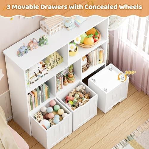FOTOSOK Toy Storage Organizer with 3 Movable Drawers, Toy Organizer with Hidden Wheels and 5 Open Cubbies, Multifunctional Floor Storage Chest for Playroom, White thumbnail 4