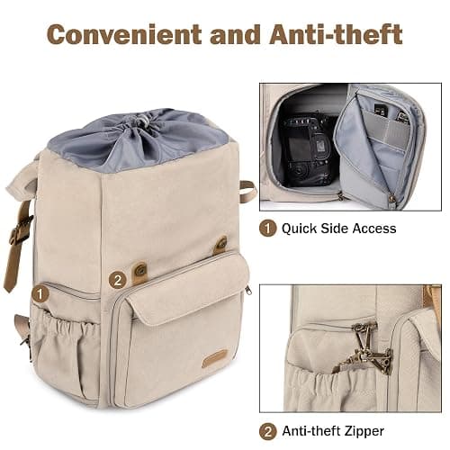 BAGSMART Camera Backpack, DSLR Camera Bag, Waterproof Camera Bag Backpack for Photographers, Fit up to 15" Laptop with Rain Cover and Tripod Holder, Ivory White thumbnail 4