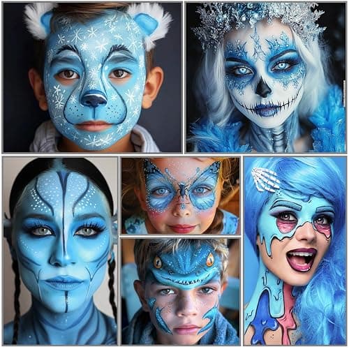 White Black & Light Blue Sally Makeup Face Body Paint, Corpse Bride Face Painting Kit with Painting Brushes for Halloween, Water Based Face Paints for Smurf Avatar Mermaid & Demon SFX Costume Make-Up thumbnail 7