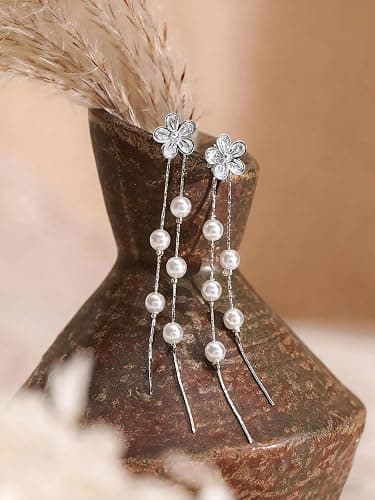 MUMREUES Gold Earrings for Women Trendy 14k Gold Plated Cubic Zirconia Flower Dangle Earrings Hypoallergenic Dainty Pearl Drop Chain Earrings Jewelry Gifts for Her thumbnail 6
