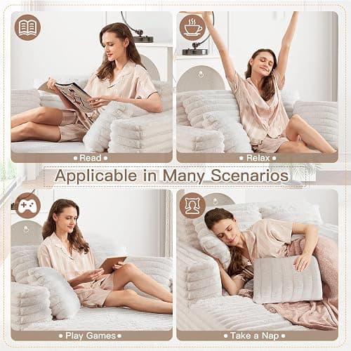 JEEOHEY 56" Oversized Chaise Lounge Chair Indoor,Plush Faux Fur Sleeper Sofa Couch Bed with Pillows&Wide Armrests,Fluffy Comfy Cloud Couch,Compression Foam Couch for Living Room,Bedroom(Beige) thumbnail 7