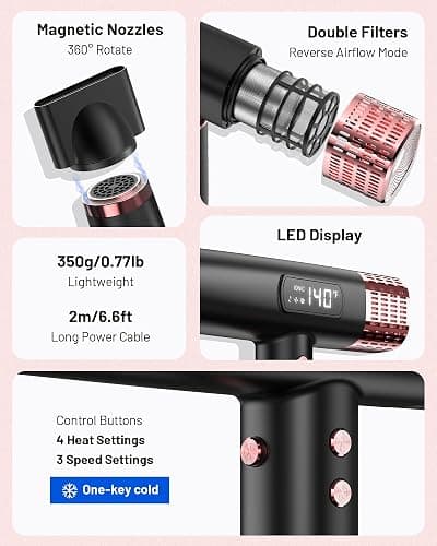 MESCOMB Dual Voltage Ionic Hair Dryer with Diffuser - 1875W High-Speed Blow Dryer for Women, Fast Drying, No Heat Damage, Low Noise, Lightweight, European Travel 110V-120V/220V-240V, Gifts for Women thumbnail 8