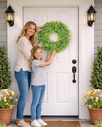 DDHS 20" Boxwood Wreaths Front Door, Artificial Spring Summer Wreath with Sash and Foldable, Year Round Indoor Outdoor for Farmhouse Fireplaces and Porches DIY St Patricks Day Decor-Gradient Green thumbnail 2