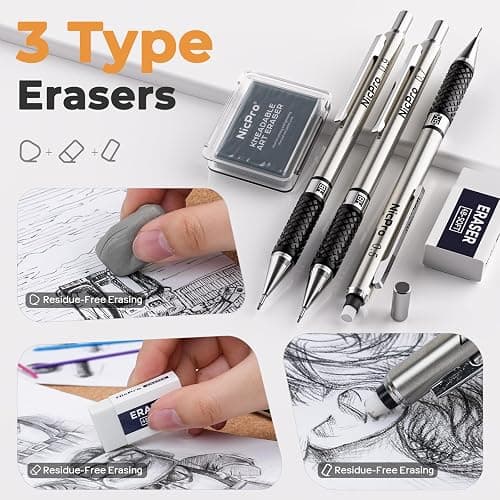 Nicpro 37PCS Art Drawing Supplies Kit, Metal Mechanical Pencil Set 0.5, 0.7, 0.9 & 2mm, 100 Sheets 9x12 Sketch book, 288PCS Leads, School Supplies Drawing Kit for Artist Adults Teens Kids Sketching thumbnail 6