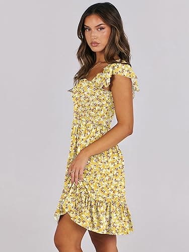 Prinbara Womens Summer Casual Square Neck Smocked Short Sundress 2025 Spring Beach Vacation Flowy Cute Teen Boho Dresses - Floral Yellow - X-Small thumbnail 4
